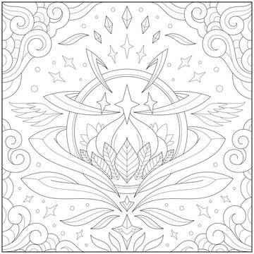 Fantasy lotus orb inside glass ball with border and frame. Learning and education coloring page illustration for adults and children. Outline style, black and white drawing