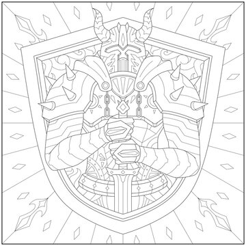 Amazing knight armor in the shield border with sword and horn helmet. Learning and education coloring page illustration for adults and children. Outline style, black and white drawing