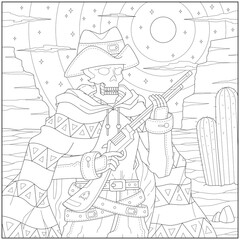 Skeleton cowboy hunter in the western land illustration. Learning and education coloring page illustration for adults and children. Outline style, black and white drawing