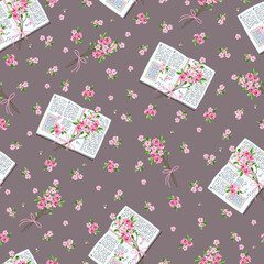Seamless pattern with letters and bouquets of flowers. Suitable for textiles and typography. - 423378451
