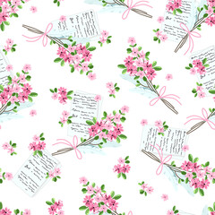 Seamless pattern with letters and bouquets of flowers. Suitable for textiles and typography. - 423378476
