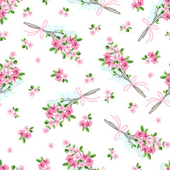 Seamless pattern with a bouquet of small pink flowers and bird feathers.