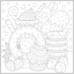 Fantasy Doughnut, cake and ice cream with marshmallow and strawberry. Learning and education coloring page illustration for adults and children. Outline style, black and white drawing