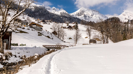 Fototapeta na wymiar Snow covered mountains in Unterwasser in Switzerland 