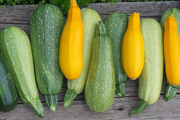 spotted green and yellow zucchini on a wooden background. flat layout. gardening and agriculture concept.