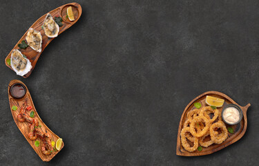 Shrimps, rapana, squid rings in batter