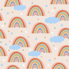 Seamless pattern. Hand drawn rainbow pattern in boho style. Abstract minimalist elements. Scandinavian design in pastel colors. Vector background for fabric, packaging, textiles, wallpaper, clothes