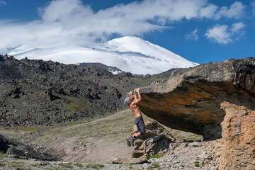 Outdoor activity on the background of Elbrus. Prielbrusye National Park, Kabardino-Balkaria, Caucasus, Russia.