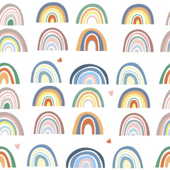 Seamless pattern. Hand drawn rainbow pattern in boho style. Abstract minimalist elements. Scandinavian design in pastel colors. Vector background for fabric, packaging, textiles, wallpaper, clothes