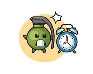 Cartoon Illustration of grenade is surprised with a giant alarm clock