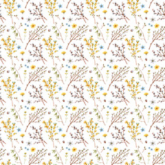 Seamless floral pattern on the white background with spring blooming branches and flowers.
