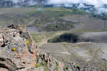 View from northern slope of Elbrus. Prielbrusye National Park, Kabardino-Balkaria, Caucasus, Russia.