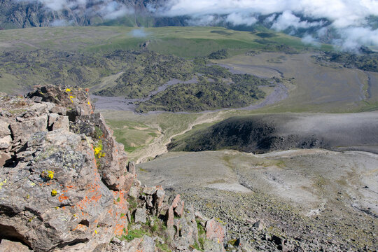 View from northern slope of Elbrus. Prielbrusye National Park, Kabardino-Balkaria, Caucasus, Russia.