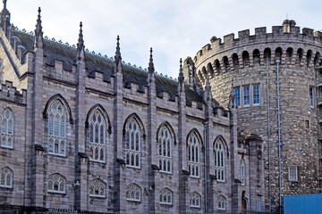 Detail of facade and tower of Dublin, Ireland