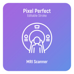 Human in MRI scanner thin line icon. Medical equipment for oncology detection. Pixel perfect, editable stroke. Vector illustration.