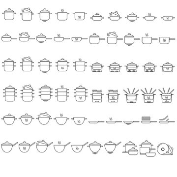 Kitchen utensils for cooking linear icons set in outline style, Various types of pans and containers for cooking and heating