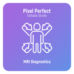 Scanning of human body, MRI scan thin line icon. Medical equipment for oncology detection. Pixel perfect, editable stroke. Vector illustration.