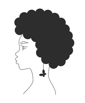 African woman with a butterfly earring. Line art female portrait. Curly hair. Vector illustration isolated on white background.