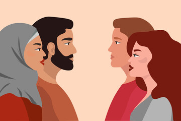 A  Muslim couple of men and women opposite Europeans. People of different nationalities, faiths, and appearance. A girl in a hijab. The concept of friendship, love, and tolerance in the world. Vector.