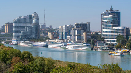 View of modern buildings on Don river embankment. Rostov-on-Don, Rostov oblast, Russia.