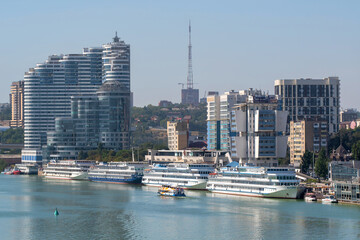 View of cruise ships on Don river in the central part of Rostov-on-Don. Rostov oblast, Russia.