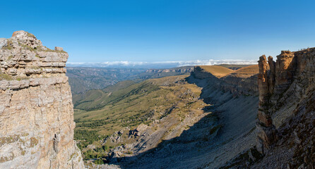 Panoramic view of Bermamyt plateau on sunny day. Karachay-Cherkessia, Caucasus, Russia.