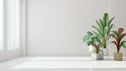 White empty room with plant and sunlight.3d rendering - obrazy, fototapety, plakaty