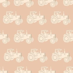 Vector seamless agricultural pattern. Repeating tractor on a beige background.