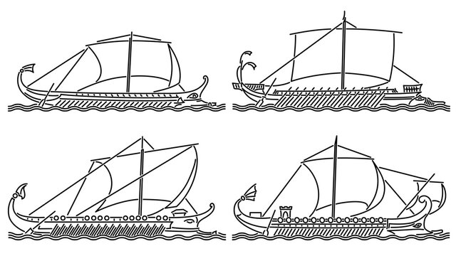 Set of simple vector images of sailing ships of antiquity (Ancient Rome) trireme and bireme drawn in art line style.