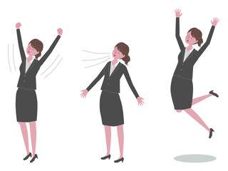 深呼吸、背伸び、ジャンプをする　黒いスーツを着た女性