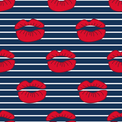 Valentine's Day vector seamless pattern. Kisses, Sexy red Lips on navy blue white Striped background. Make up, cosmetics, fashion. Template, texture for print, poster, card, textile, wrapping paper