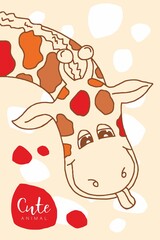 Cartoon cute giraffe with tongue on beige background.
