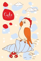 Cartoon cute parrot on a shell and crab on beige background.