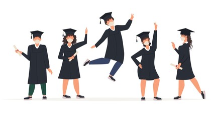 Graduated women man in graduation gowns and medical face masks. Class of 2021. Covid-19 prevention and new normal concept. College students wearing face masks celebrate graduation