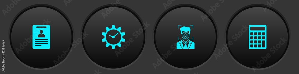 Poster set identification badge, time management, face recognition and calculator icon. vector