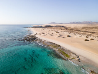 Corralejo beach aerial drone shot, Fuerteventura, Canary Islands