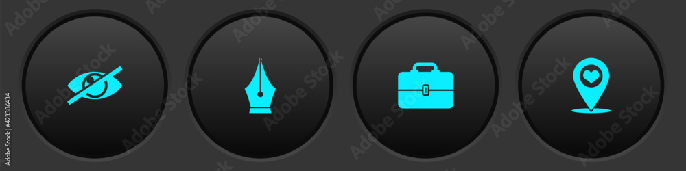 Poster set invisible or hide, fountain pen nib, toolbox and map pointer with heart icon. vector