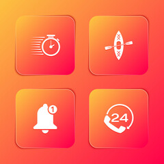 Set Stopwatch, Kayak and paddle, Bell and Telephone 24 hours support icon. Vector