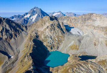Aerial view of Sophia peak (3637 m) and Sophia lakes on sunny summer day. Arkhyz,...