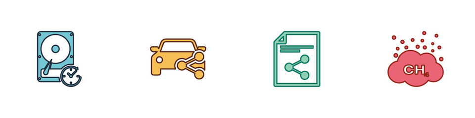 Set Hard disk drive with clockwise, Car sharing, Share file and Methane emissions reduction icon. Vector