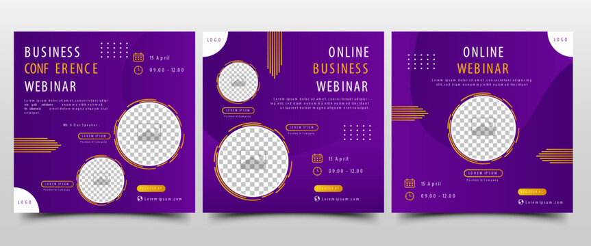 Collection of Webinar social media post. Modern banner with purple background and yellow accents. Suitable for business webinar, conference announcements, and online seminar. Vector design isolated