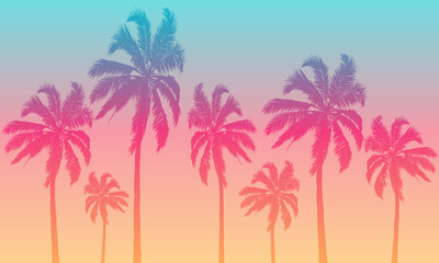 Fototapeta na wymiar Retro background of palm trees at sunset, vector art illustration.