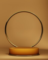 Minimalist orange and gold pedestal for product showcase background. Empty stage, metallic gold. Geometric cylinder backdrop. 3d render illustration