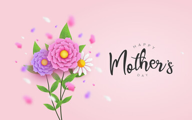 Mother's day background with realistic flower and typography, floral decoration with calligraphy vector illustration