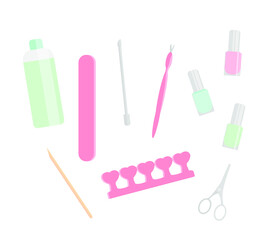 manicure supplies on an isolated background in flat cartoon style.  tools for manicure and pedicure