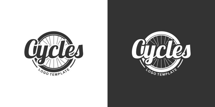 Black and white bicycle logo design template with typography and bike wheel