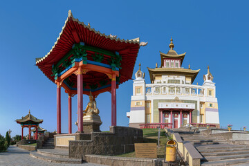 View of Burkhan Bakshin Altan Sume (The Golden Temple of Buddha Shakyamuni) on sunny day. Elista, Kalmykia, Russia.