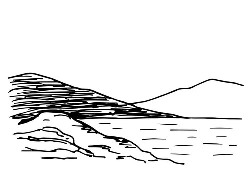 Simple hand-drawn vector drawing in black outline. Rocky seashore, lake. Mountain landscape, nature. Ink sketch. Tourism and travel.