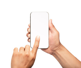 Hand holding the smartphone with blank screen and modern frameless design - isolated on white background