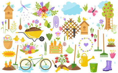 Gardening, spring set. Tools, flowers, wheelbarrow, trees, birds, birdhouse, watering can, bicycle, apple tree. For printing on fabric, paper, postcards, invitations. Vector illustration.